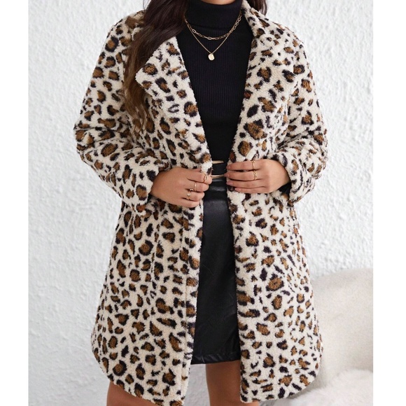 Cozy Leopard Print Open Front Teddy Jacket Coat - Picture 2 of 4